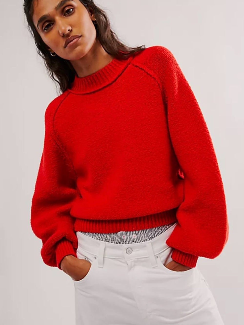 Free People Riley Pullover - Fiery Red Mock Neck Sweater Size L
